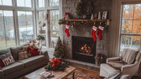 A cozy living room decorated for Christmas with a warm fireplace, hanging stockings, and a beautifully adorned tree, perfect for holiday gatherings.の素材