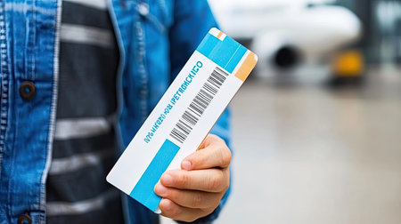 A person holds a travel ticket at an airport terminal, ready for their journey. The background shows blurred airport scenery, emphasizing the travel experience.の素材
