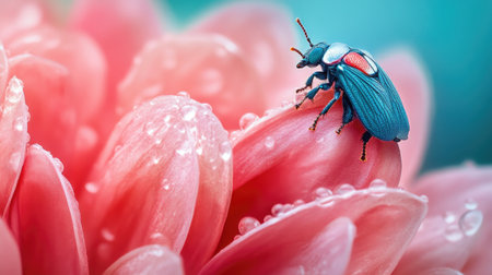 Discover the intricate beauty of a colorful insect perched on a delicate petal, adorned with fresh dew drops, capturing nature's vibrant essence.の素材