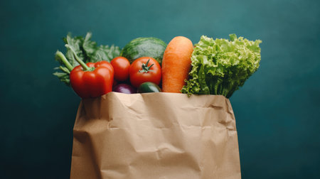A paper bag filled with fresh vegetables including tomatoes, carrots, and lettuce against a green background, showcasing healthy eating and organic choices.の素材