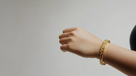 A beautifully crafted gold bracelet adorns a fashionable wrist, showcasing elegance and luxury. Perfect for jewelry enthusiasts and fashion lovers alike.の素材