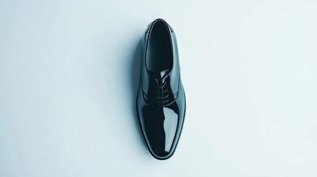 A polished black dress shoe showcased on a light background, reflecting elegance and sophistication, perfect for formal occasions or business settings.の素材