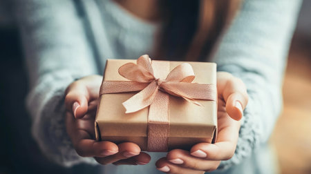 A cozy image of a beautifully wrapped gift box held in hands. Perfect for capturing the essence of celebration, joy, and thoughtful gifting moments.の素材