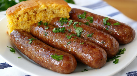 A delicious plate featuring juicy sausages paired with a piece of cornbread. Garnished with fresh parsley, this meal is perfect for any occasion.の素材