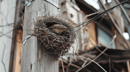 A small bird rests in its nest on a wooden post, showcasing the contrast between nature and urban surroundings. A serene example of wildlife.の素材