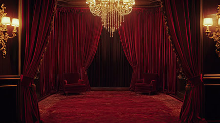 Explore a luxurious interior featuring rich red drapery, an elegant chandelier, and inviting seating. This opulent setting exudes warmth and sophistication.の素材
