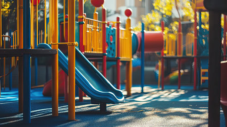 A vibrant playground featuring a blue slide and colorful equipment, bathed in warm sunlight. This inviting outdoor space encourages play and exploration for children.の素材