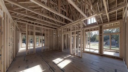 Interior view of a modern home under construction, showcasing wooden framing and an open floor plan filled with natural light, emphasizing architectural design elements.の素材