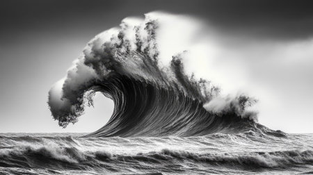 A striking black and white image capturing a powerful ocean wave, illustrating the raw beauty and force of nature amidst turbulent waters and dramatic skies.の素材