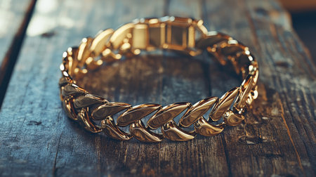 A stunning gold chain bracelet displaying intricate design and craftsmanship, resting elegantly on a rustic wooden surface, perfect for fashion enthusiasts.の素材