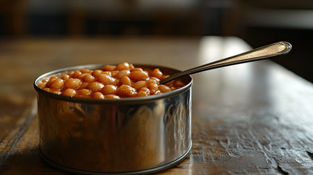 A close-up of golden baked beans in an open metal can, featuring a spoon resting on the side. Perfect for food-related themes and culinary ingredients.の素材