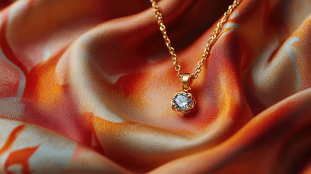 Beautiful gold necklace featuring a sparkling pendant, elegantly resting on rich, colorful silk fabric, showcasing luxury and fashion in a captivating close-up.の素材