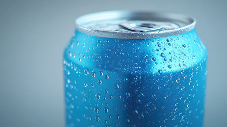 A close-up view of a blue soda can featuring droplets of water, highlighting condensation on a shiny surface, perfect for refreshing drink concepts.の素材