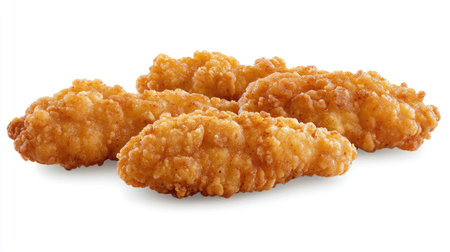 A close-up of crispy golden fried chicken strips ideal for appetizing dishes. Perfect for meals, snacks, or gourmet occasions. Enjoy the savory flavor!の素材