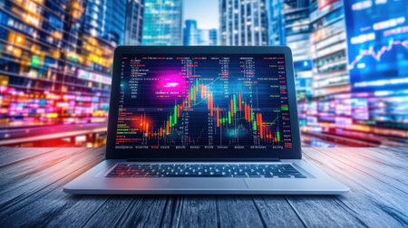 A modern laptop displays vibrant financial data and graphs against a lively cityscape, symbolizing the intersection of technology and finance in a bustling urban environment.の素材