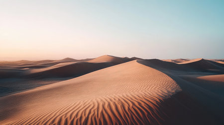 A beautiful desert landscape showcasing gentle sand dunes under a serene sky at golden hour. The warm tones and textures create a tranquil atmosphere perfect for nature lovers.の素材