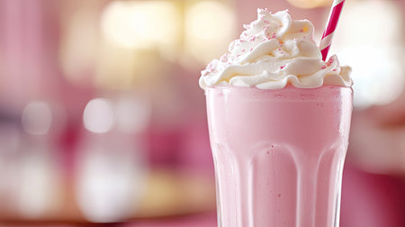 This delightful pink milkshake topped with whipped cream and a straw is perfect for summer. A visually appealing treat for dessert lovers, it adds flavor and joy.の素材