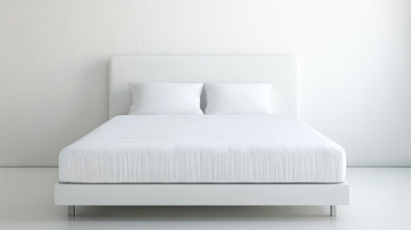 A minimalist white bed with soft pillows in a serene, modern bedroom setting. Ideal for showcasing relaxation, comfort, and contemporary design aesthetics.の素材