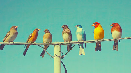 A stunning array of colorful birds perched on a wire against a clear sky. This serene scene showcases nature's beauty and the harmony among avian species.の素材