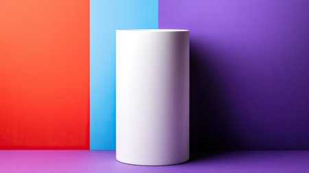 A minimalistic composition featuring a white cylinder against a vibrant geometric background of red, blue, and purple. Ideal for creative projects.の素材