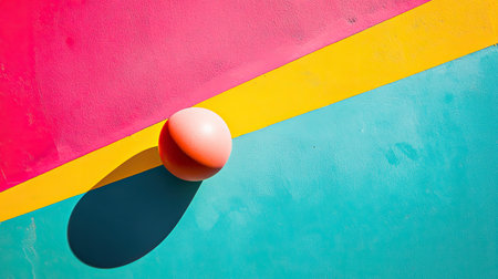 This vibrant minimalist image features a round ball on a colorful background. With bold geometric shapes and striking colors, it creates a playful and artistic vibe.の素材
