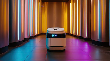 A modern robot stands in a corridor illuminated by vibrant neon lights, showcasing the intersection of technology and innovative design in an urban setting.の素材