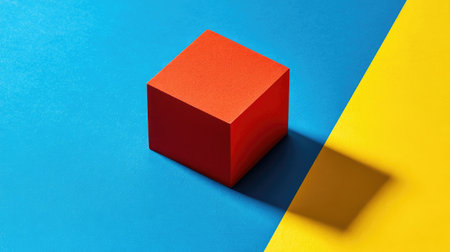 A striking red cube casts a shadow on a vivid blue and yellow background. This minimalist design captures attention with bold colors and geometric simplicity.の素材