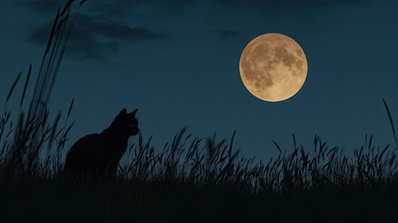 A serene silhouette of a cat against a glowing full moon in a dark night sky. This tranquil setting captures the beauty of nature and wildlife.の素材