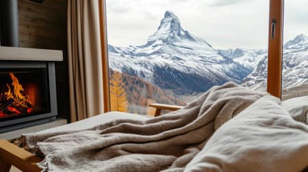Enjoy a stunning view of a snow-covered mountain from a cozy cabin. A warm atmosphere is created by a fireplace and a soft blanket, perfect for relaxation.の素材