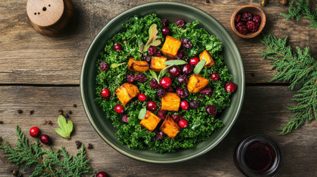 A vibrant kale salad featuring roasted butternut squash and cranberries, perfect for a healthy autumn meal. Enjoy a delicious and nutritious dish.の素材