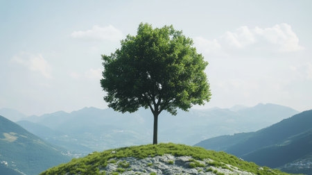 A solitary tree stands majestically on a grassy hill, surrounded by mountains under a bright sky. The image evokes a sense of peace and natural beauty.の素材