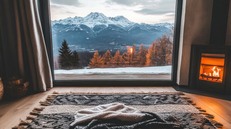 A cozy interior featuring a warm blanket and a glowing fireplace, overlooking a stunning mountain view, perfect for relaxation in winter.の素材