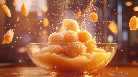 A bowl filled with sparkling sugar piles, illuminated by glowing light. Perfect for highlighting sweetness, creativity, and delicious desserts in culinary projects.の素材