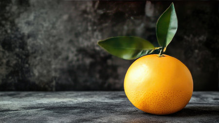 A vibrant orange sits against a dark background, showcasing its intricate texture and fresh leaves. Ideal for food and nutrition themes.の素材