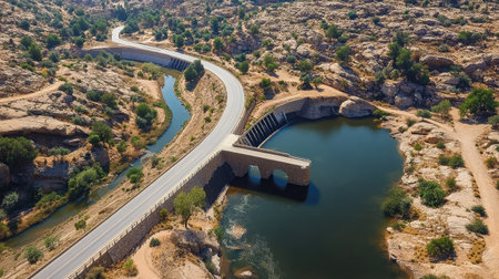 Aerial view showcasing a winding road next to a tranquil water body, surrounded by rugged hills and lush greenery, highlighting the beauty of nature.の素材