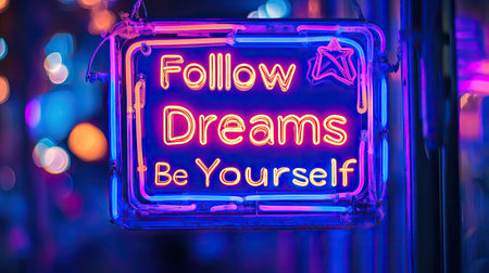A vibrant neon sign showcasing the motivational message "Follow Dreams Be Yourself," perfect for inspiring individuality and creativity in urban settings.の素材