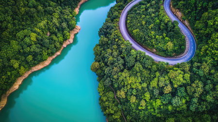 Experience the beauty of nature with this serene aerial view of a winding river surrounded by lush green trees and a curving road, inviting exploration.の素材