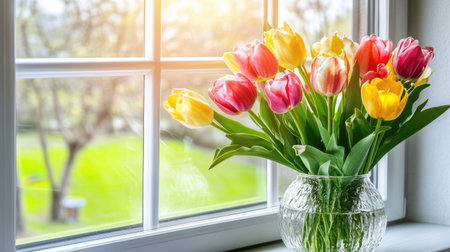 A vibrant bouquet of tulips in a clear vase sits gracefully on a sunlit windowsill, showcasing colorful blooms against a serene garden backdrop.の素材