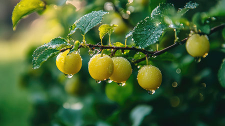 A close-up view of fresh yellow plums hanging on a green branch, adorned with dewdrops. This vibrant image embodies nature, harvest, and summer freshness.の素材