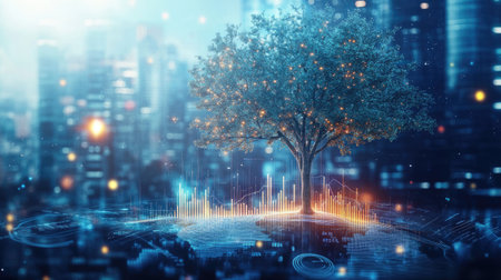 A surreal digital tree stands amidst a vibrant cityscape, symbolizing the blend of nature and technology. The artwork reflects concepts of growth and sustainability.の素材