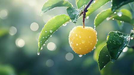 A close-up of a yellow fruit adorned with dew droplets, hanging gracefully from a green branch. This serene image captures the beauty of nature.の素材