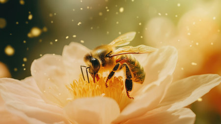 A close-up of a bee collecting nectar from a delicate flower. This image captures the beauty of nature and the important role of pollinators in a vibrant ecosystem.の素材