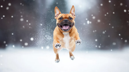 A joyful dog leaps through falling snow, embodying pure happiness in a beautiful winter landscape. This playful moment captures the essence of fun and freedom.の素材
