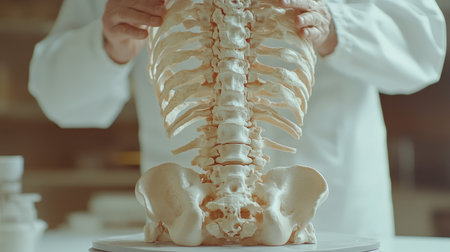 A detailed human skeleton model is displayed for educational purposes in a medical study environment, highlighting anatomy and research applications.の素材