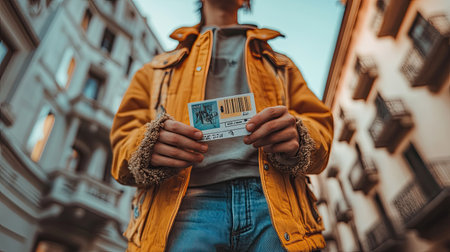 A young individual stands confidently in a vibrant urban setting, holding a ticket. The scene captures the essence of adventure and exploration in the city.の素材