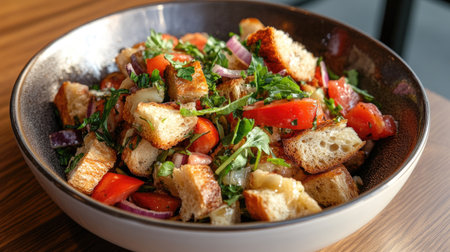 A vibrant salad featuring crunchy bread cubes, tomatoes, onions, and fresh herbs, perfect for a healthy meal or side dish. A delightful blend of flavors!の素材