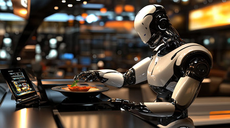 A futuristic robot chef delicately prepares a gourmet dish in a modern restaurant setting, showcasing the fusion of technology and culinary art.の素材