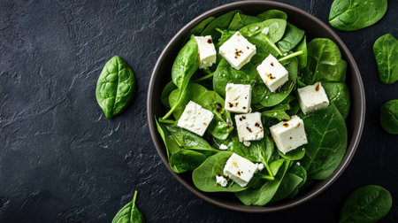 This image showcases a fresh spinach salad topped with cheese cubes, perfect for healthy meals. Ideal for food bloggers and health enthusiasts.の素材
