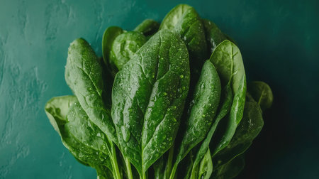 A collection of fresh spinach leaves showcasing droplets of water, highlighting their vibrant green color and natural texture. Perfect for healthy recipes.の素材