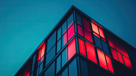 A striking modern building showcases vibrant reflections in its windows against a blue backdrop. Perfect for themes of urban design and architecture.の素材